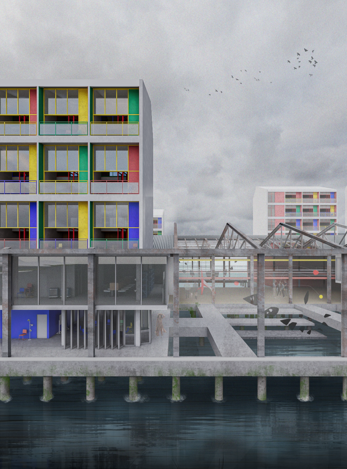 a large architectural structure with multicolored pillars connected to a dock