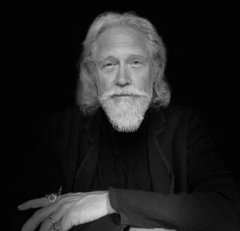 white man with long white hair and beard in bW
