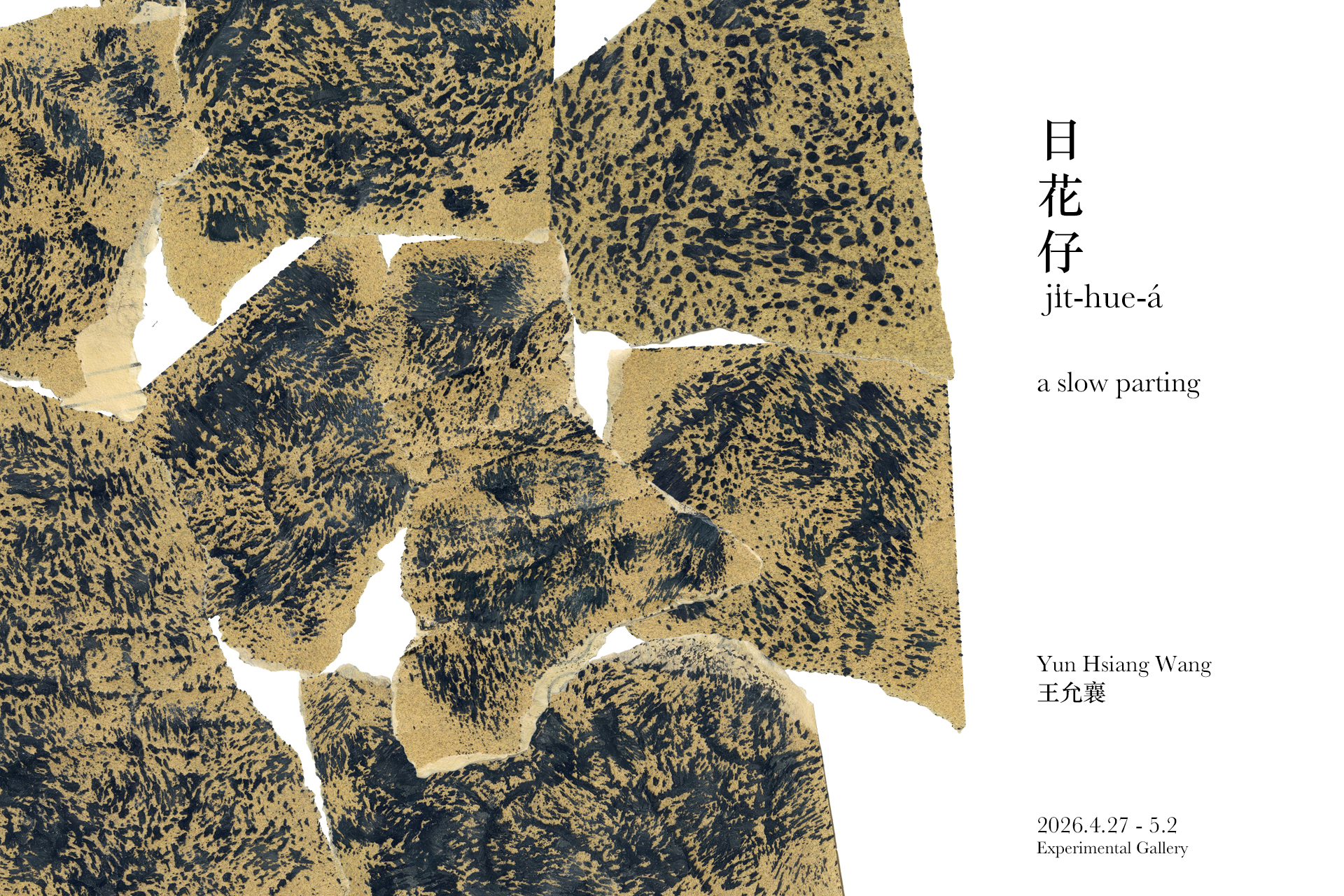 A poster with speckled pieces of paper and the exhibition information.