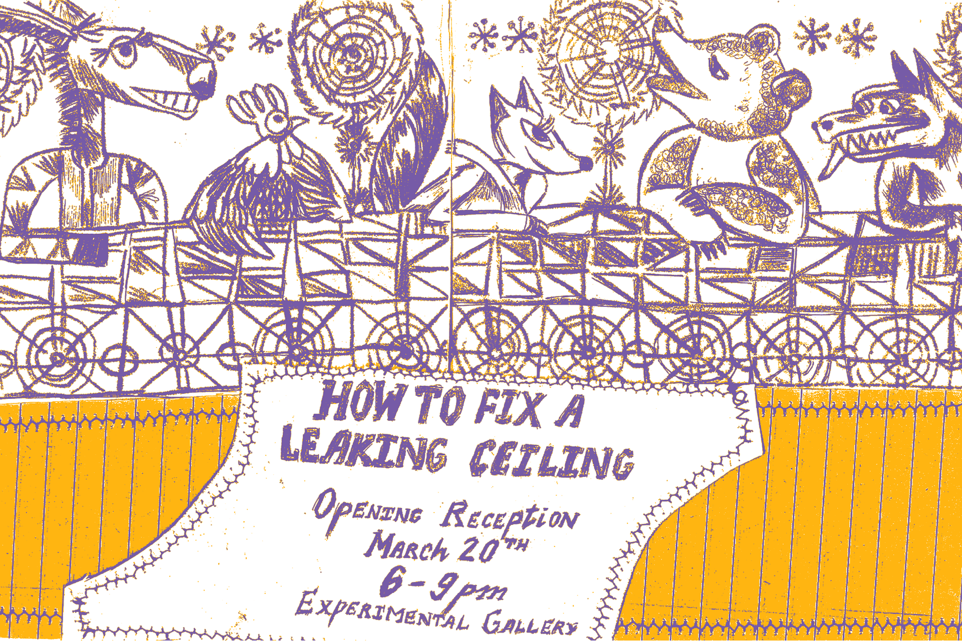 A drawing featuring various types of animals and flowers.