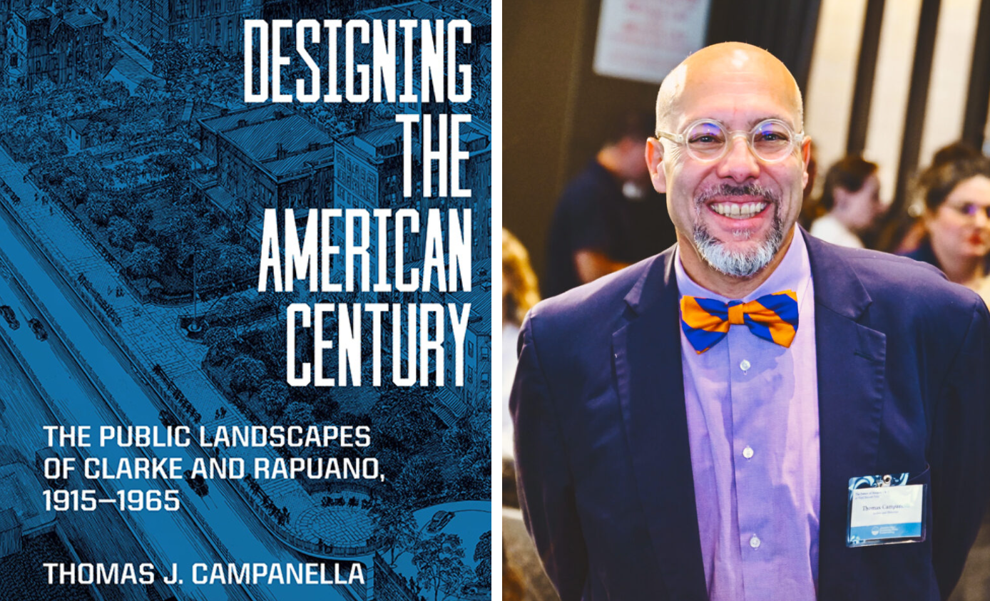 On the left: a book cover with a dark blue background. On the right: a smiling bald man with round glasses and a beard, wearing a purple button-down shirt and suit jacket, and a purple and orange striped bowtie.