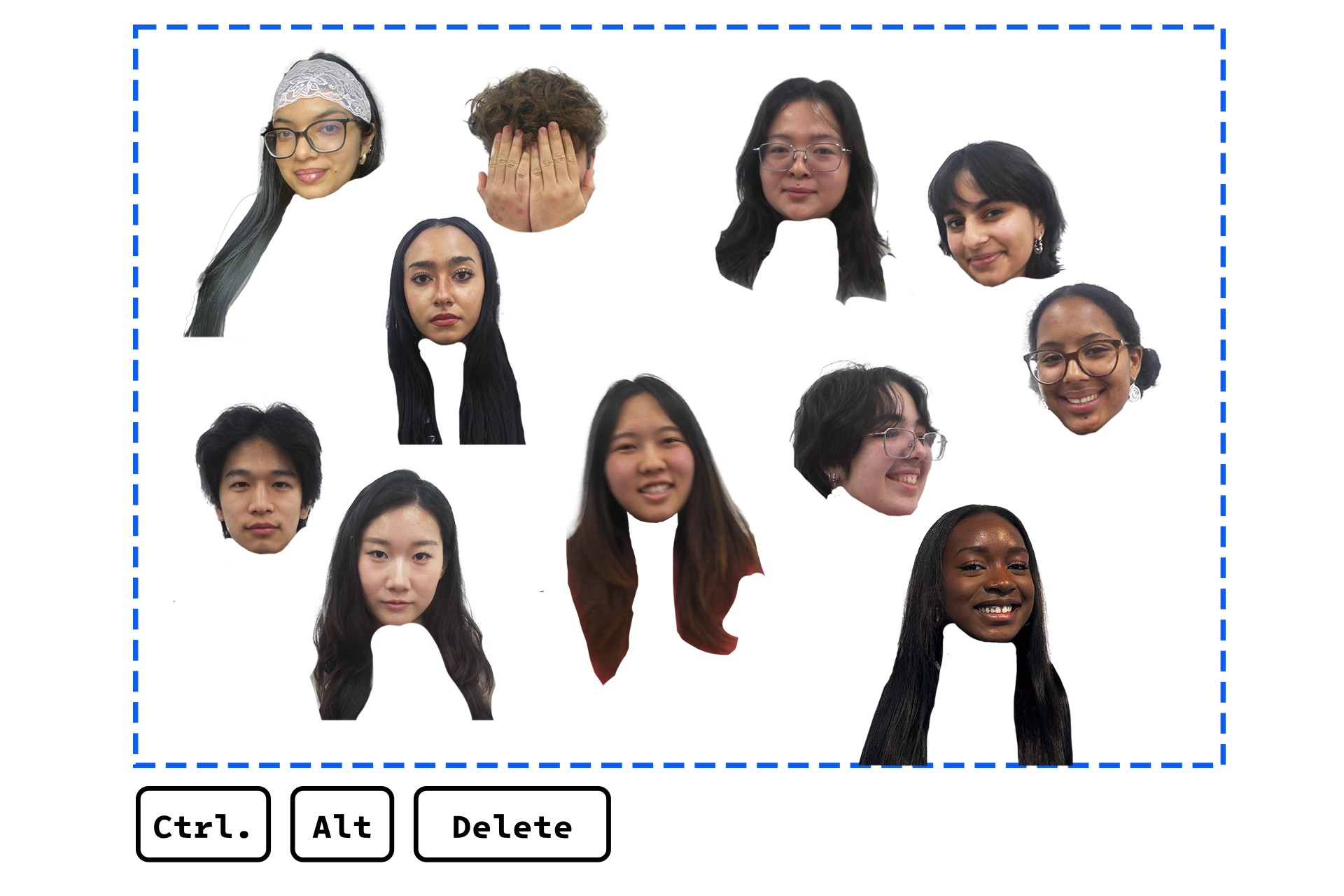 11 cut-out heads pasted on a white background.