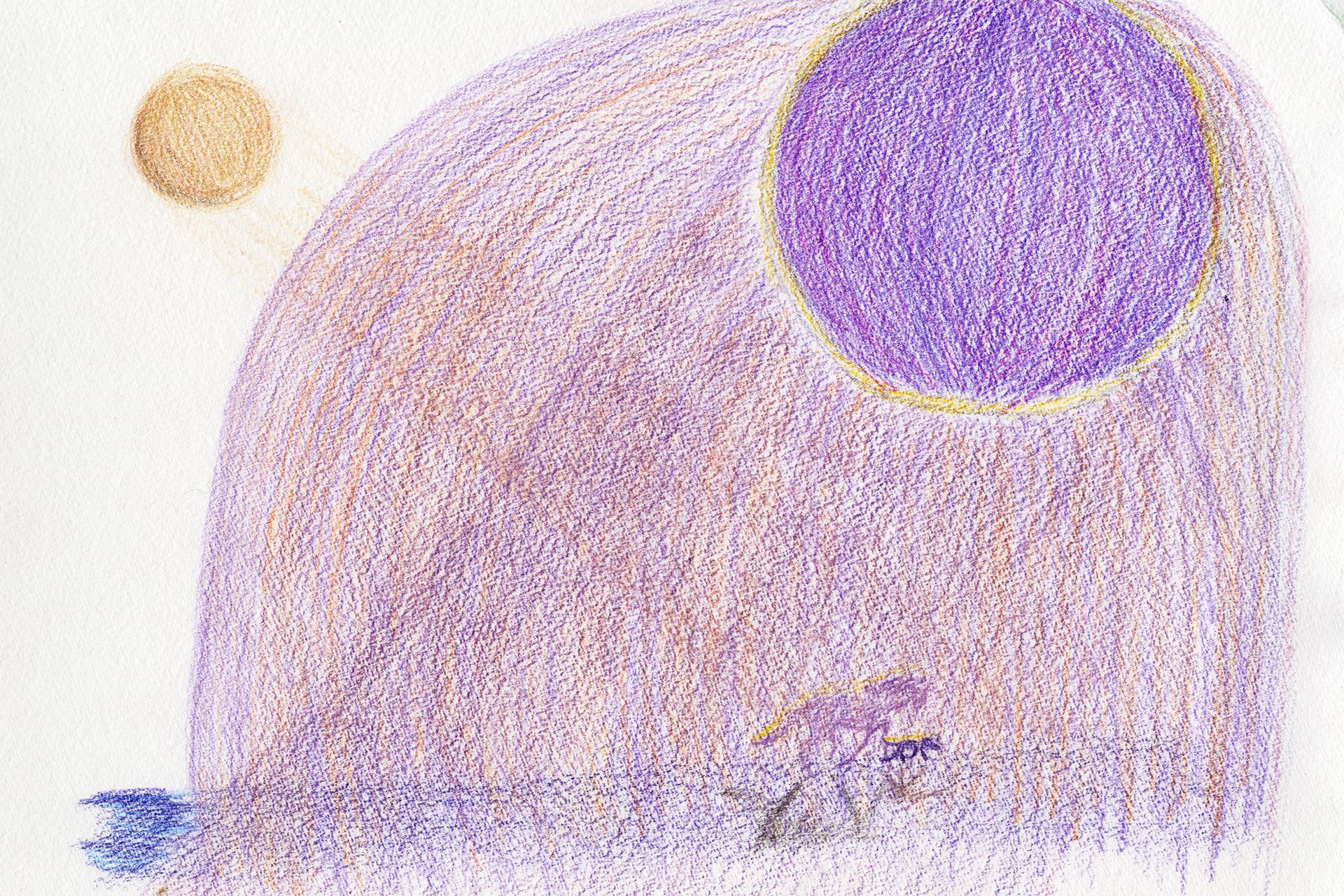 A drawing of a large purple circle with a curtain of purple and yellow shading descending from it.