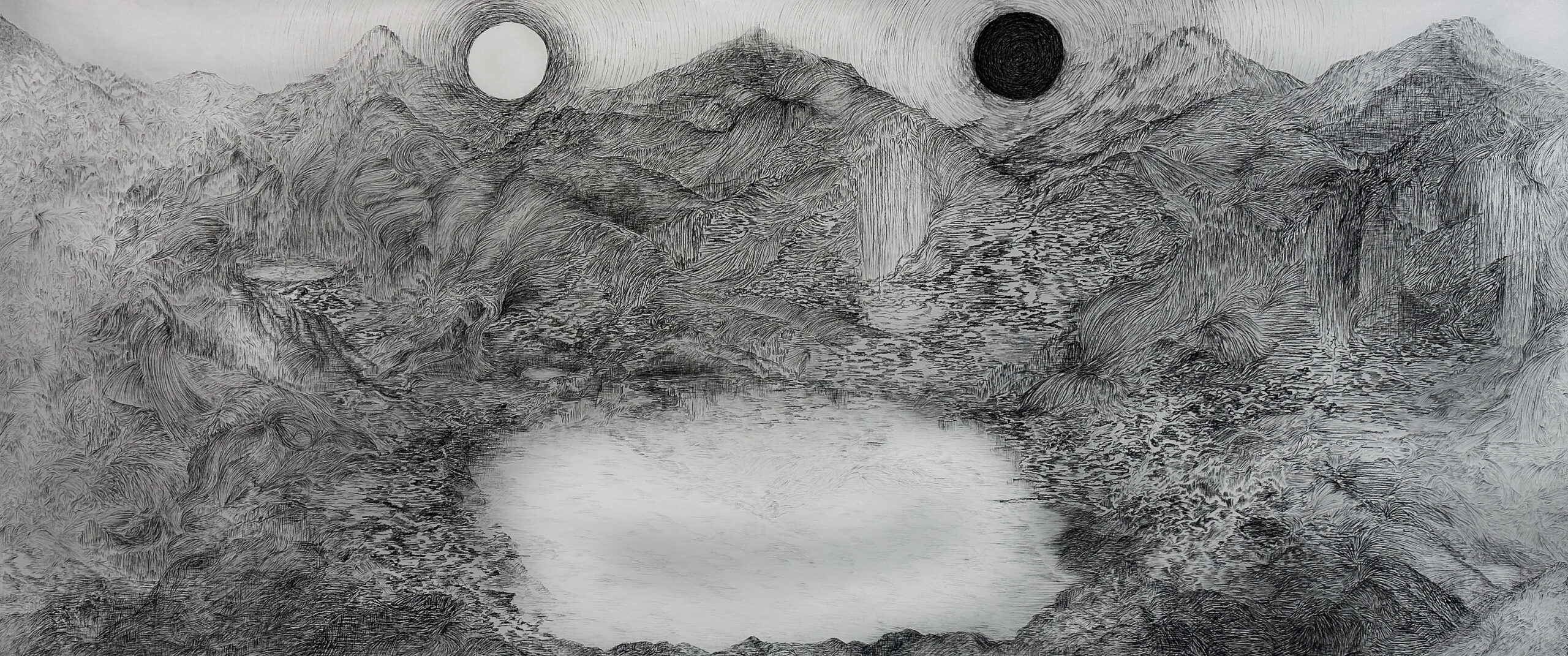 A drawing of a mountainous landscape with a lake and two moons.