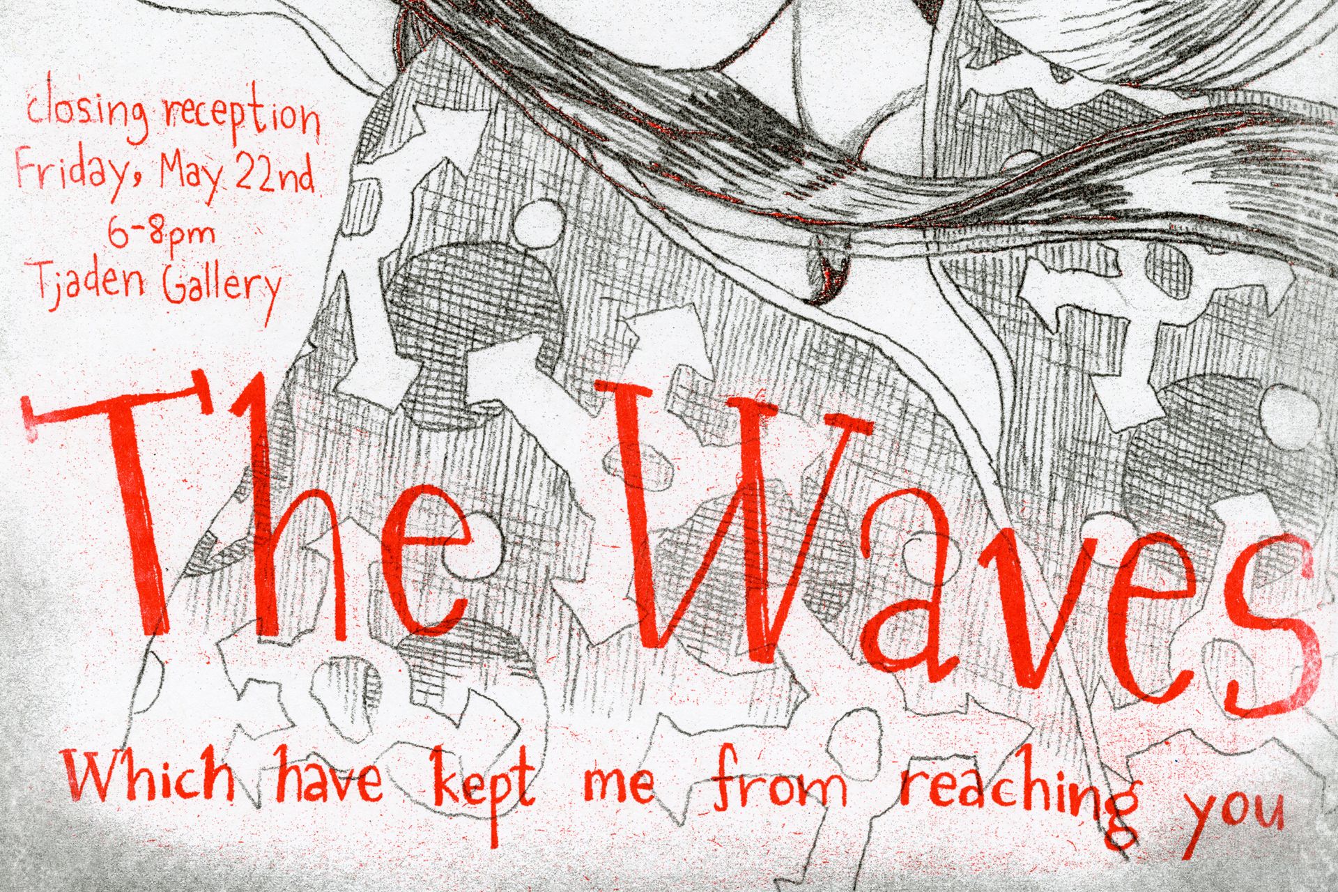 A black and white drawing of a person with red text on top.
