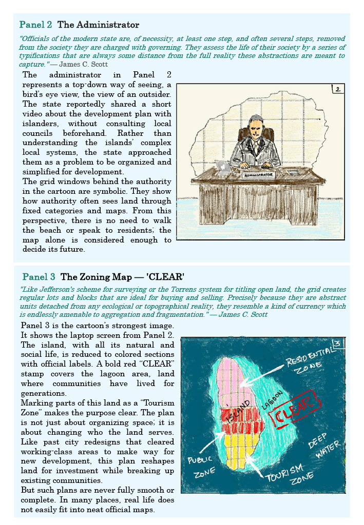 Illustrations made with colored pencil surrounded by text analysis.