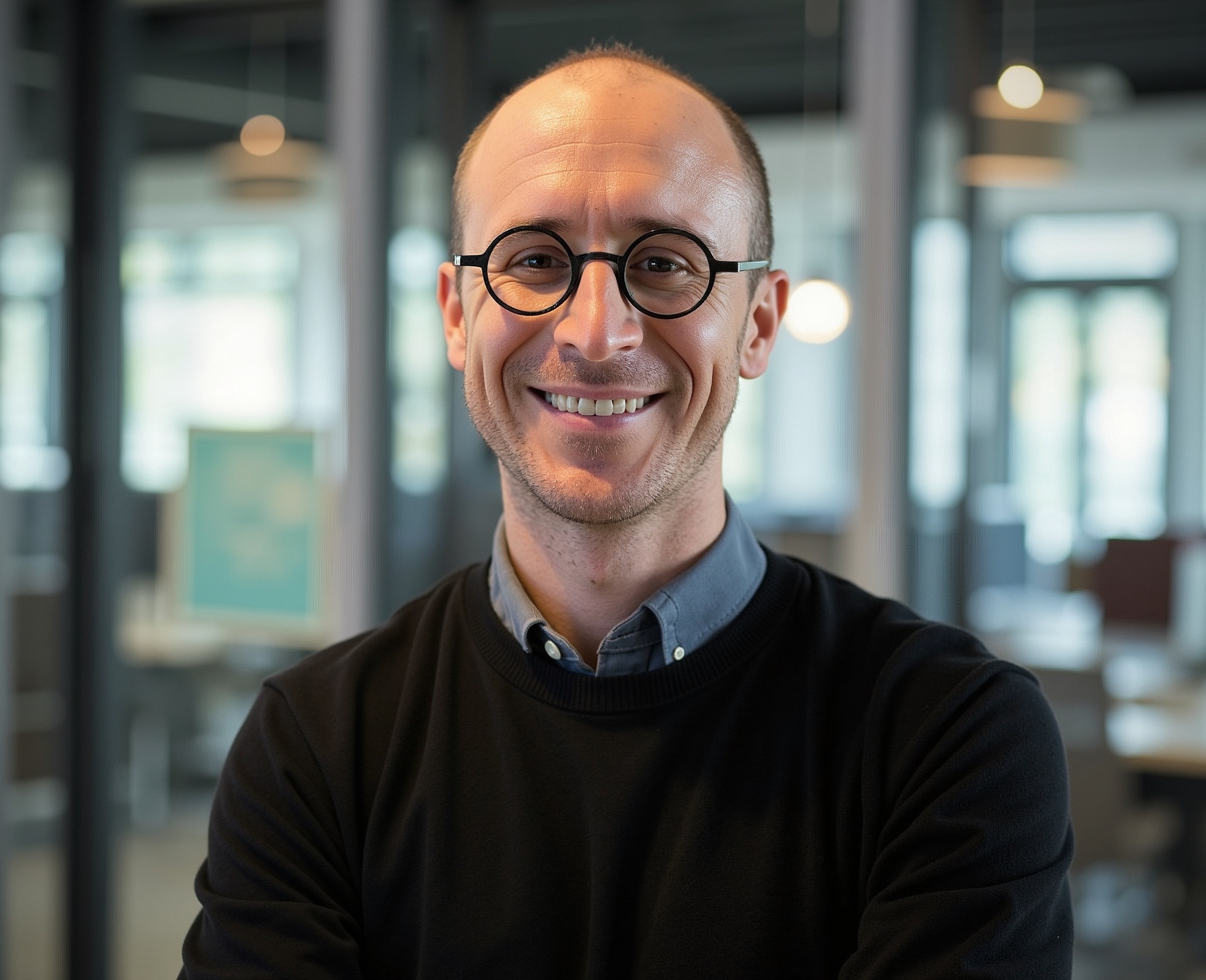 Headshot of Max Taffet smiling, wearing round black-frame glasses, a collared shirt, and a black sweater against a soft-focus office background.