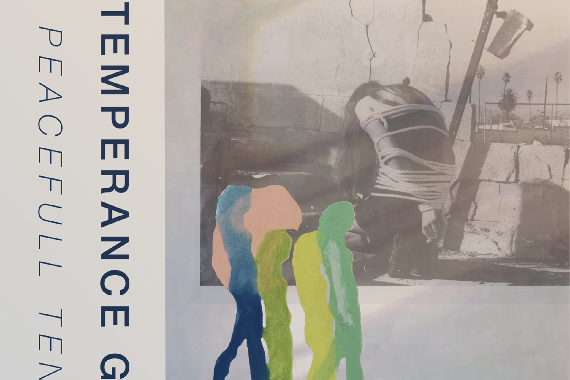 A poster with a photo of a tied up person and four abstract, colorful figures.